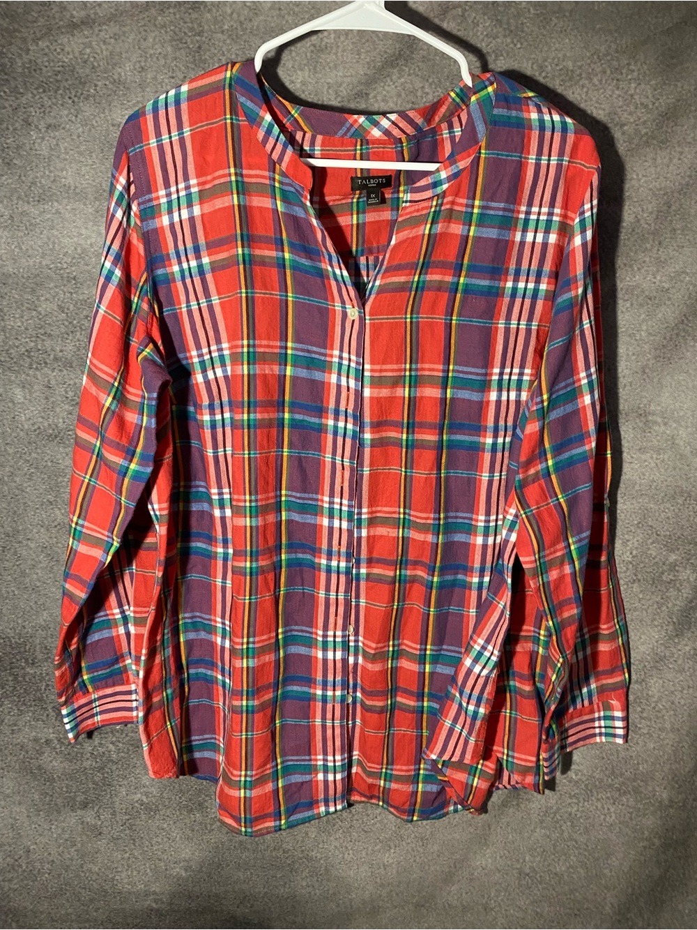 Talbots Woman 1X Plaid Split Neck Tunic Blouse Top Multicolor Bright Patchwork⁠